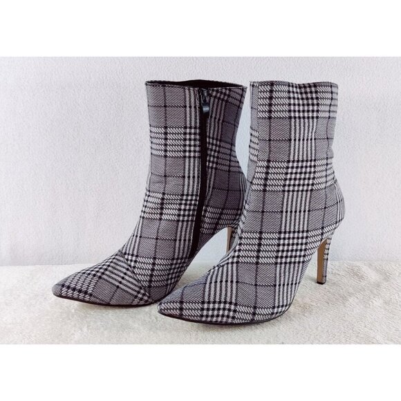 Ankle Boot Black White Plaid Pointed Toe Stiletto Heel 40 Zipper Career - Picture 1 of 13